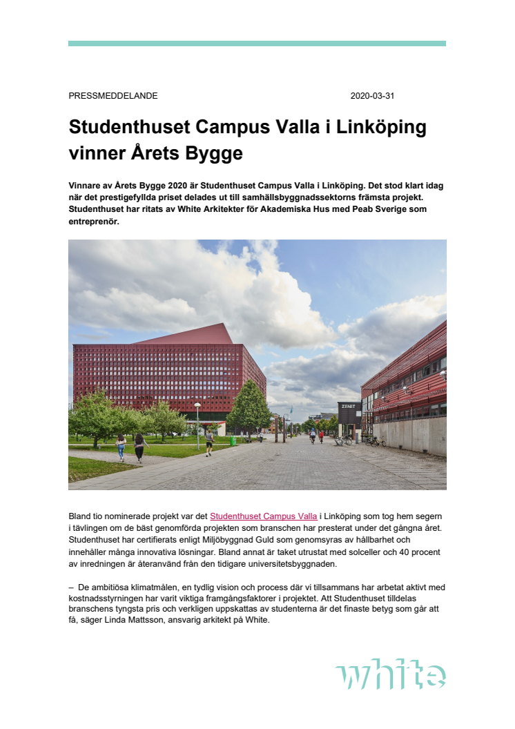 Studenthuset Campus Valla i Linköping vinner Årets Bygge 