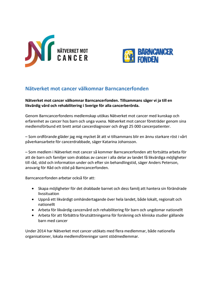 Nätverket mot cancer välkomnar Barncancerfonden