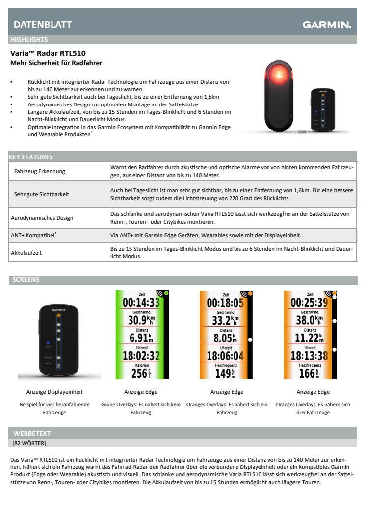 Datenblatt Garmin Varia RTL510