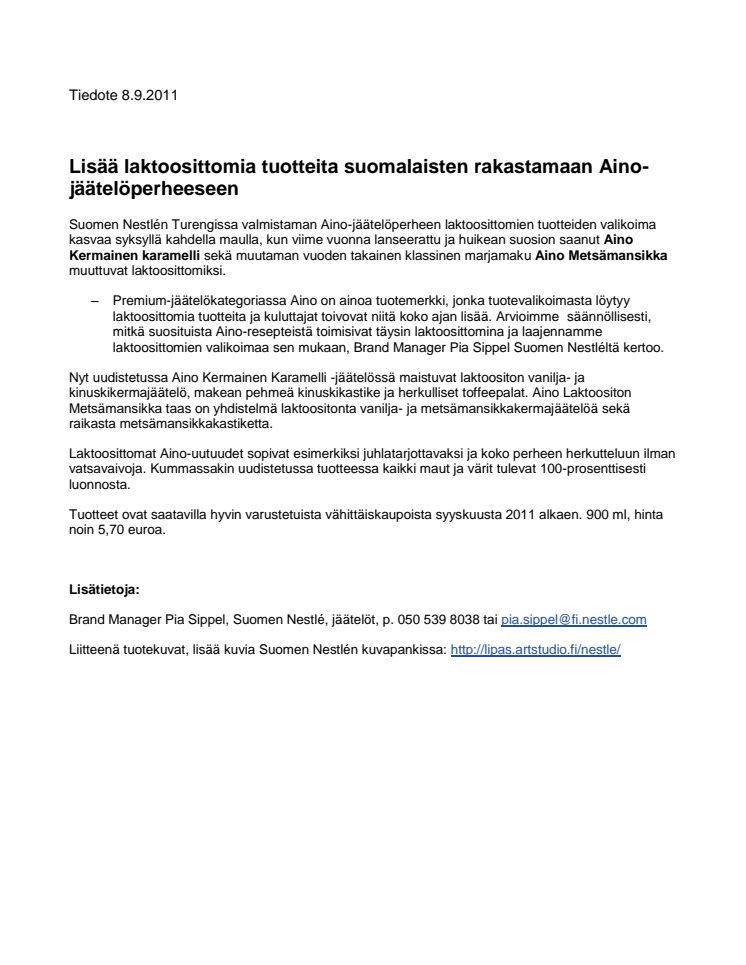 Lisää laktoosittomia tuotteita suomalaisten rakastamaan Aino-jäätelöperheeseen