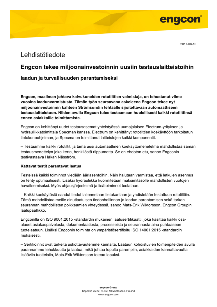 Engcon tekee miljoonainvestoinnin uusiin testauslaitteistoihin – laadun ja turvallisuuden parantamiseksi