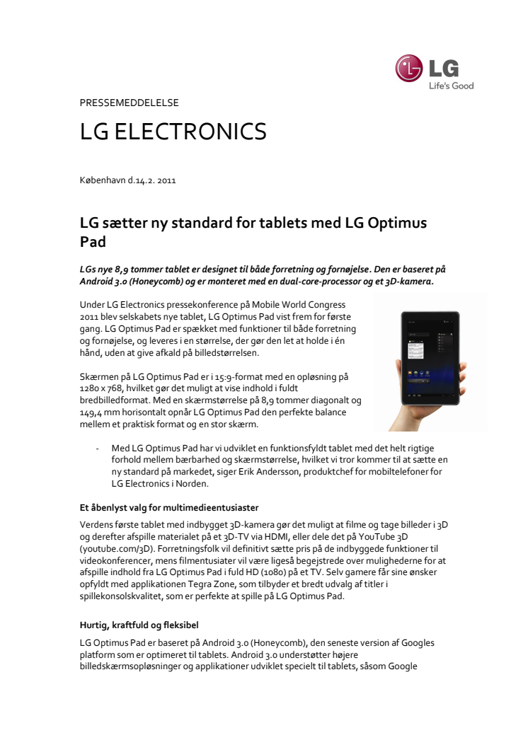 LG sætter ny standard for tablets med LG Optimus Pad