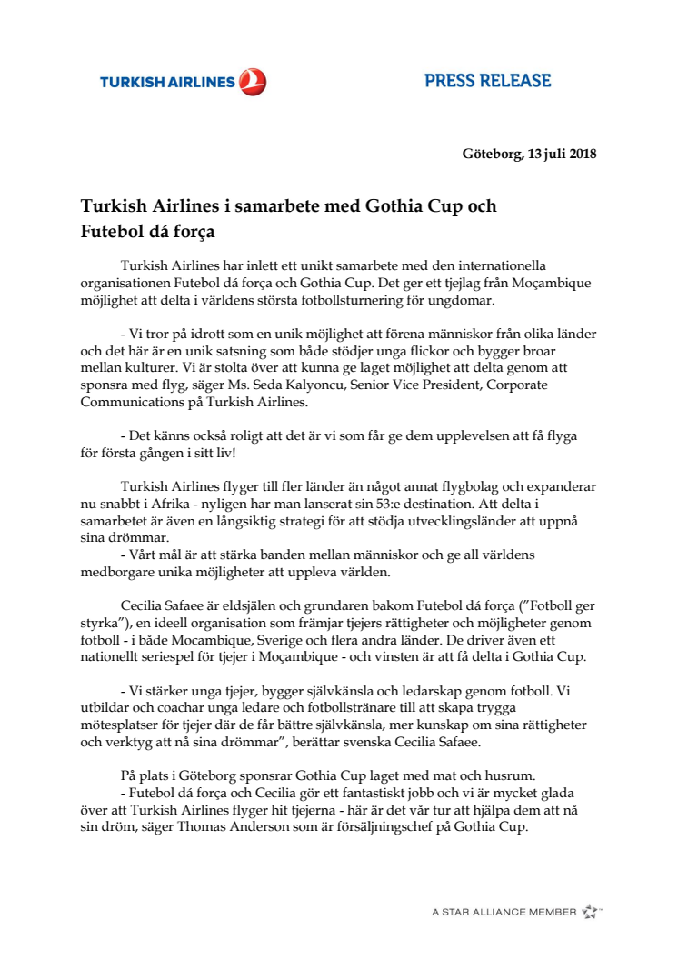 Turkish Airlines i samarbete med Gothia Cup och Futebol dá força