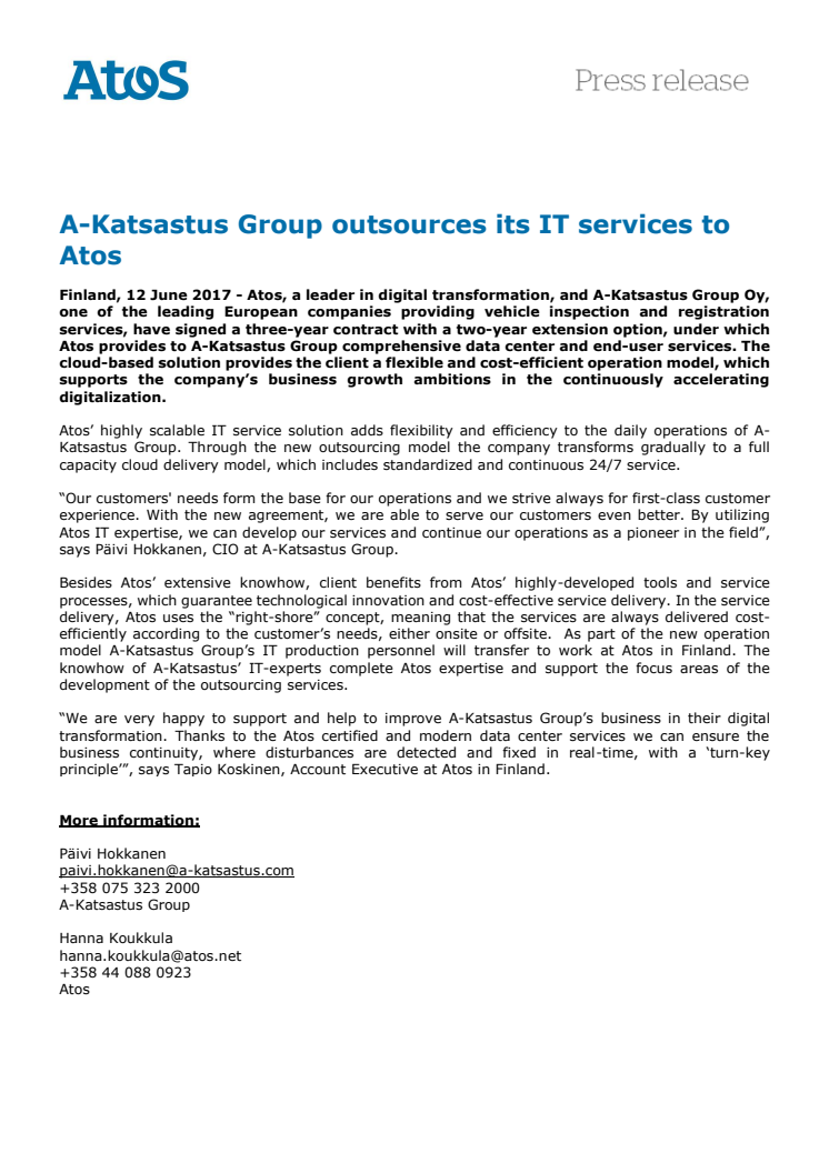 A-Katsastus Group outsources its IT services to Atos