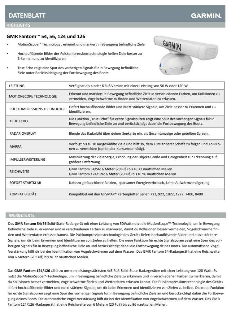 Datenblatt Garmin Radar GMR Fantom