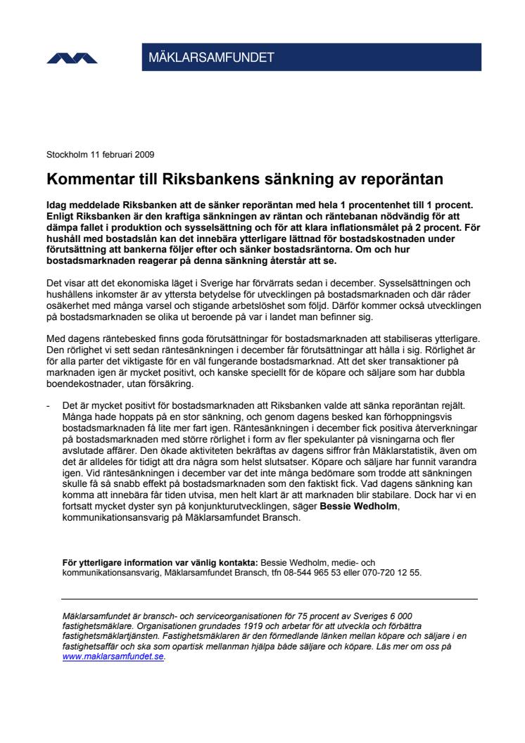 Kommentar till Riksbankens sänkning av reporäntan