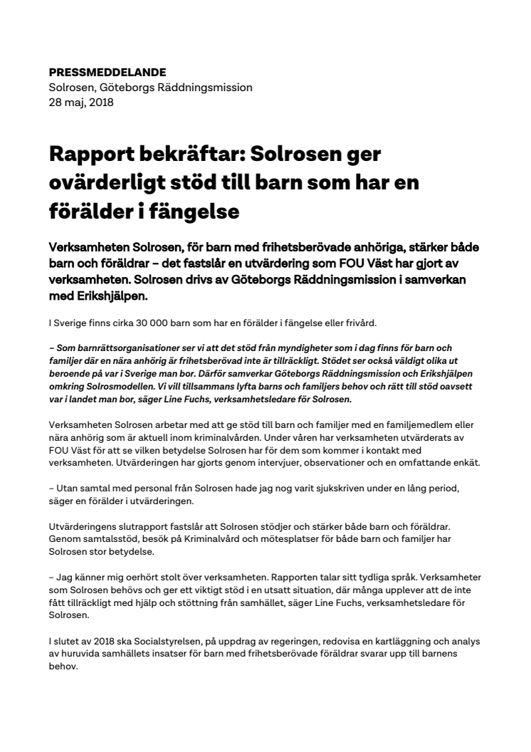 ​Rapport bekräftar: Solrosen ger ovärderligt stöd till barn som har en förälder i fängelse