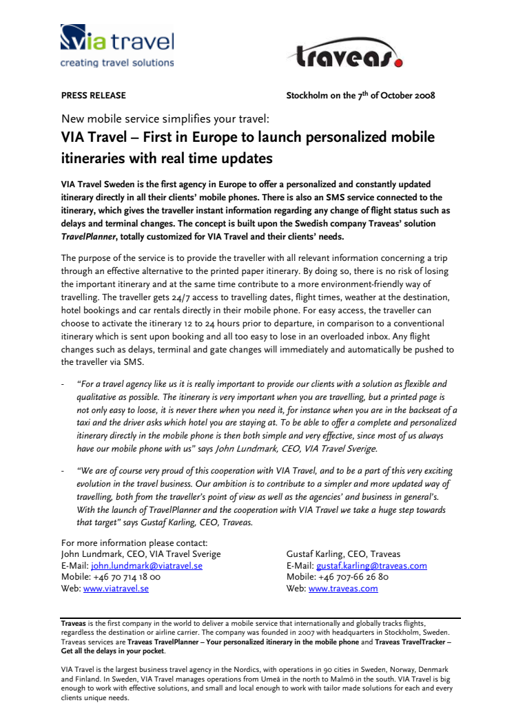 VIA Travel först i Europa med personliga, realtidsuppdaterade resplaner direkt i mobilen