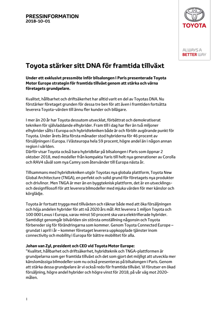 Toyota stärker sitt DNA för framtida tillväxt