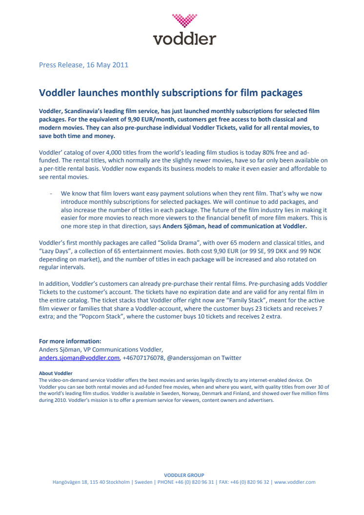 Voddler launches monthly subscriptions for film packages