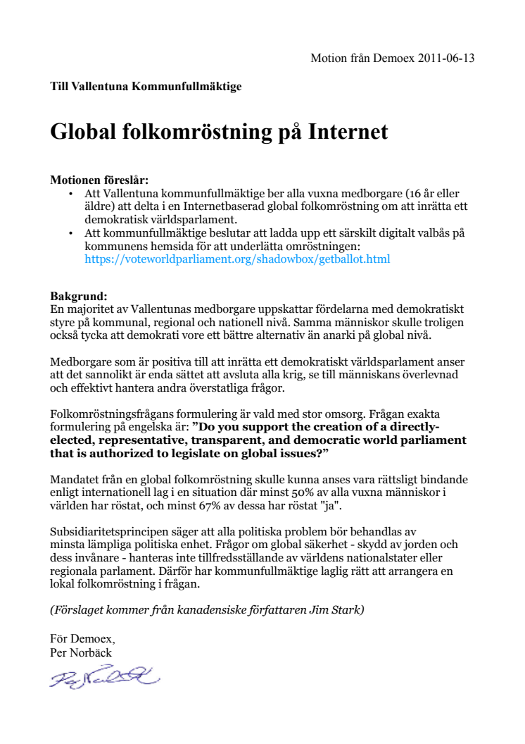 Motion om global folkomröstning på Internet