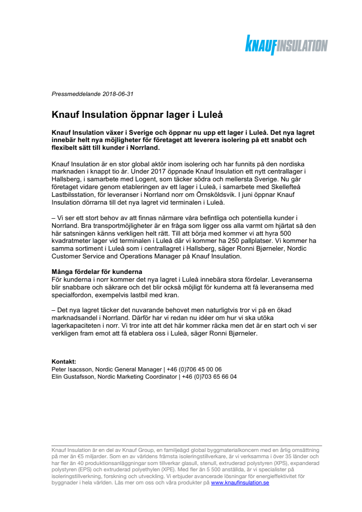 Knauf Insulation öppnar lager i Luleå