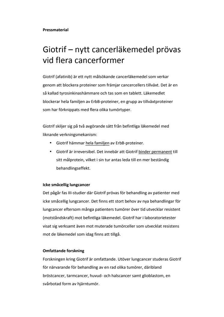 Giotrif - nytt cancerläkemedel prövas vid flera cancerformer