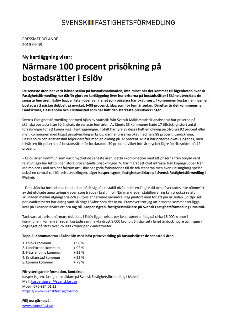 Ny kartläggning visar: Närmare 100 procent prisökning på bostadsrätter i Eslöv