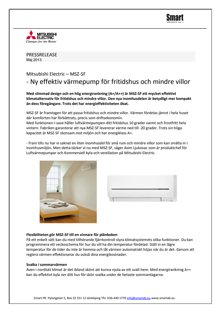 Mitsubishi Electrics MSZ-SF - Ny effektiv värmepump för fritidshus och mindre villor