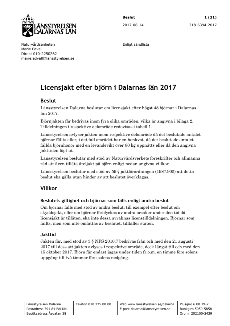 Beslut licensjakt på björn 2017