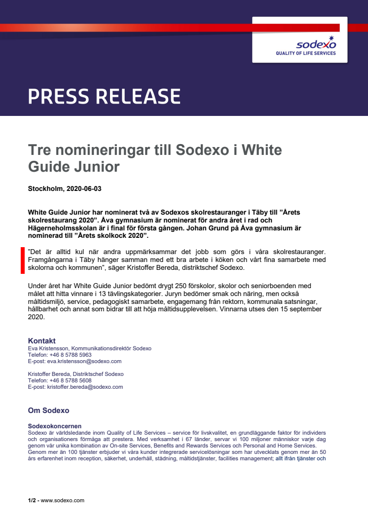 Tre nomineringar till Sodexo i White Guide Junior