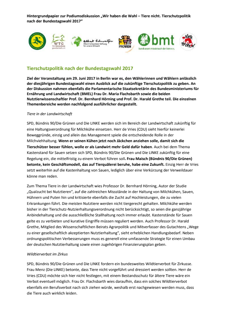Podiumsdiskussion Tierschutzpolitik nach der Bundestagswahl 2017: Die Meinungen im Detail