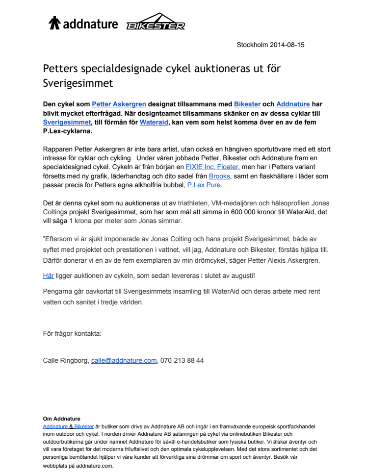 Petters specialdesignade cykel auktioneras för Sverigesimmet