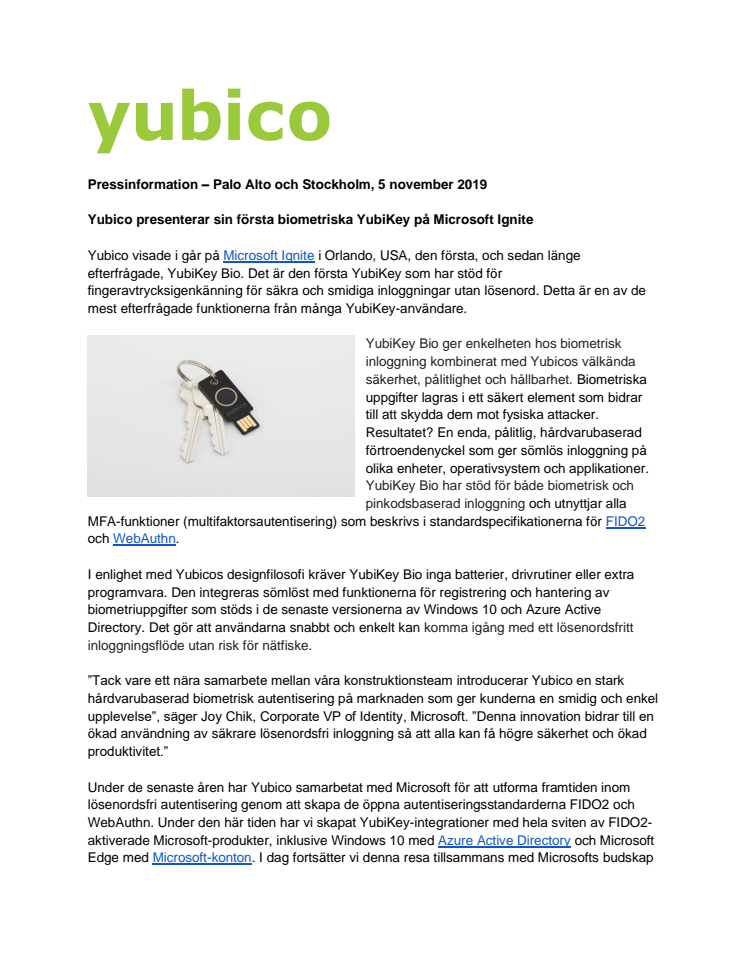 Yubico avslöjar första biometriska YubiKey