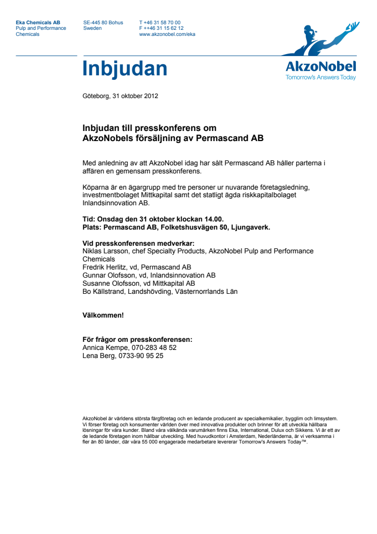 Pressinbjudan: Inbjudan till presskonferens om AkzoNobels försäljning av Permascand AB