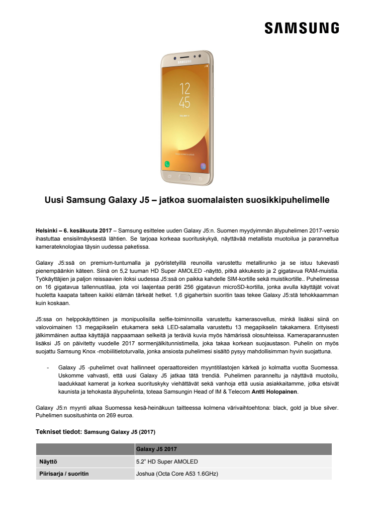 Uusi Samsung Galaxy J5 – jatkoa suomalaisten suosikkipuhelimelle