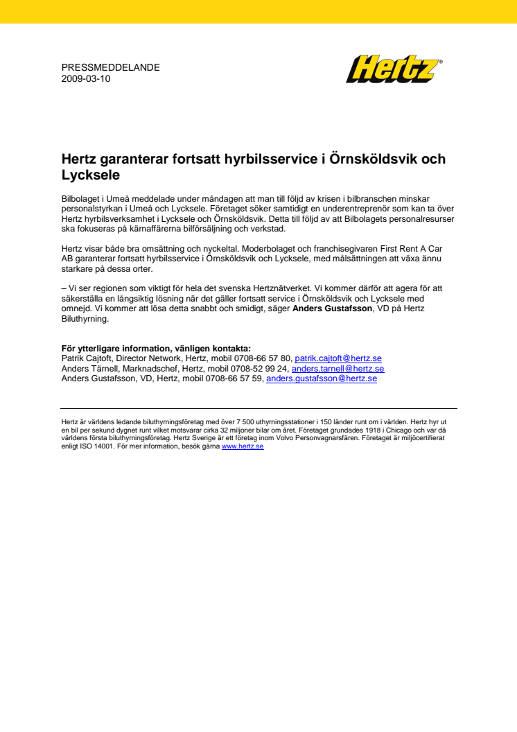 Hertz garanterar fortsatt hyrbilsservice i Örnsköldsvik och Lycksele