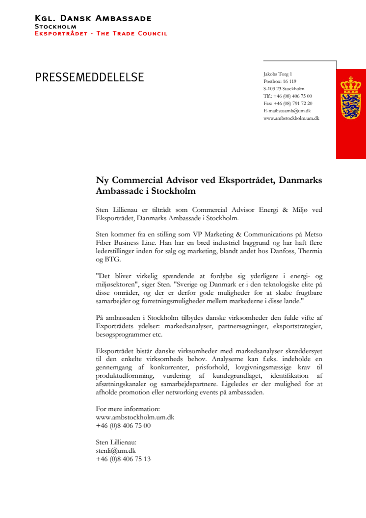 Ny Commercial Advisor ved Eksportrådet, Danmarks Ambassade i Stockholm