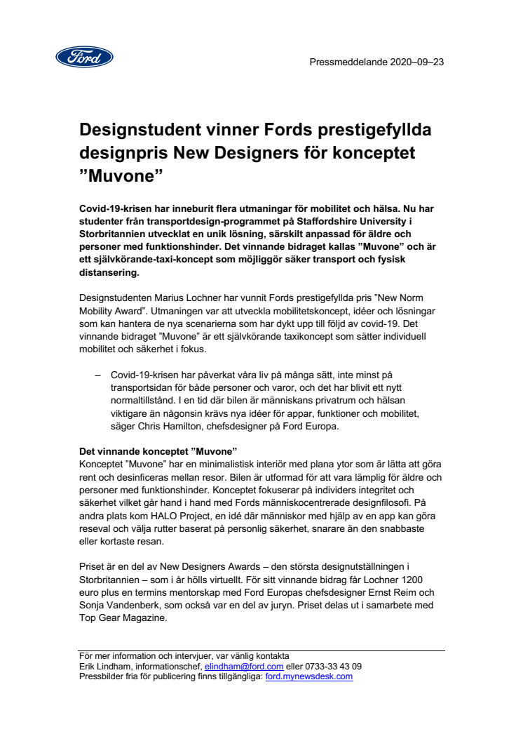 Designstudent vinner Fords prestigefyllda designpris New Designers för konceptet ”Muvone”