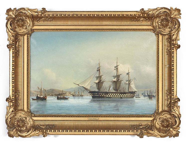 Anton Melbye- "Det franske Skruelinieskib Napoleon paa Rheden af Beikos i Bosperus". Sign. Anton Melbye 1856. Olie på lærred. 72 x 108