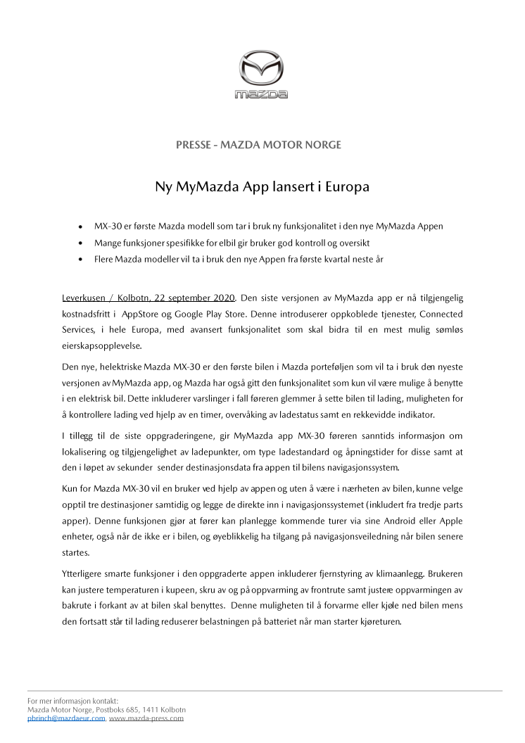 Ny MyMazda App lansert i Europa