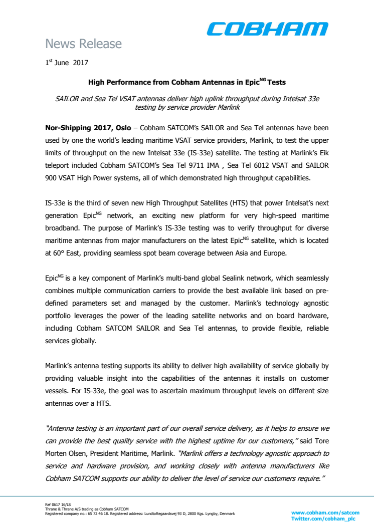 Cobham SATCOM: High Performance from Cobham Antennas in EpicNG Tests