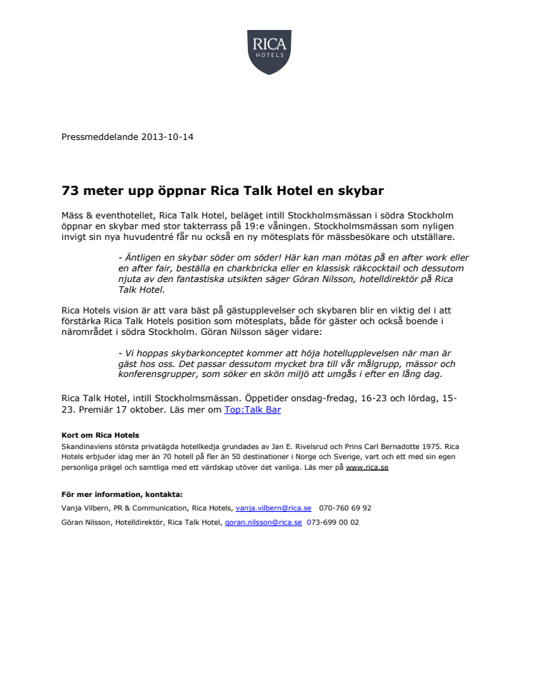 73 meter upp öppnar Rica Talk Hotel en skybar