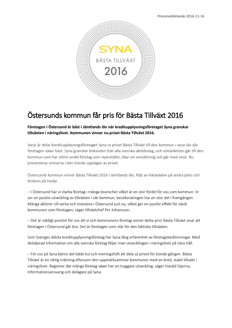 Östersunds kommun får pris för Bästa Tillväxt 2016
