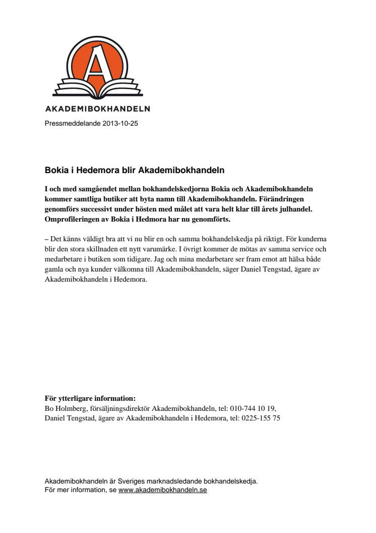 Bokia i Hedemora blir Akademibokhandeln 