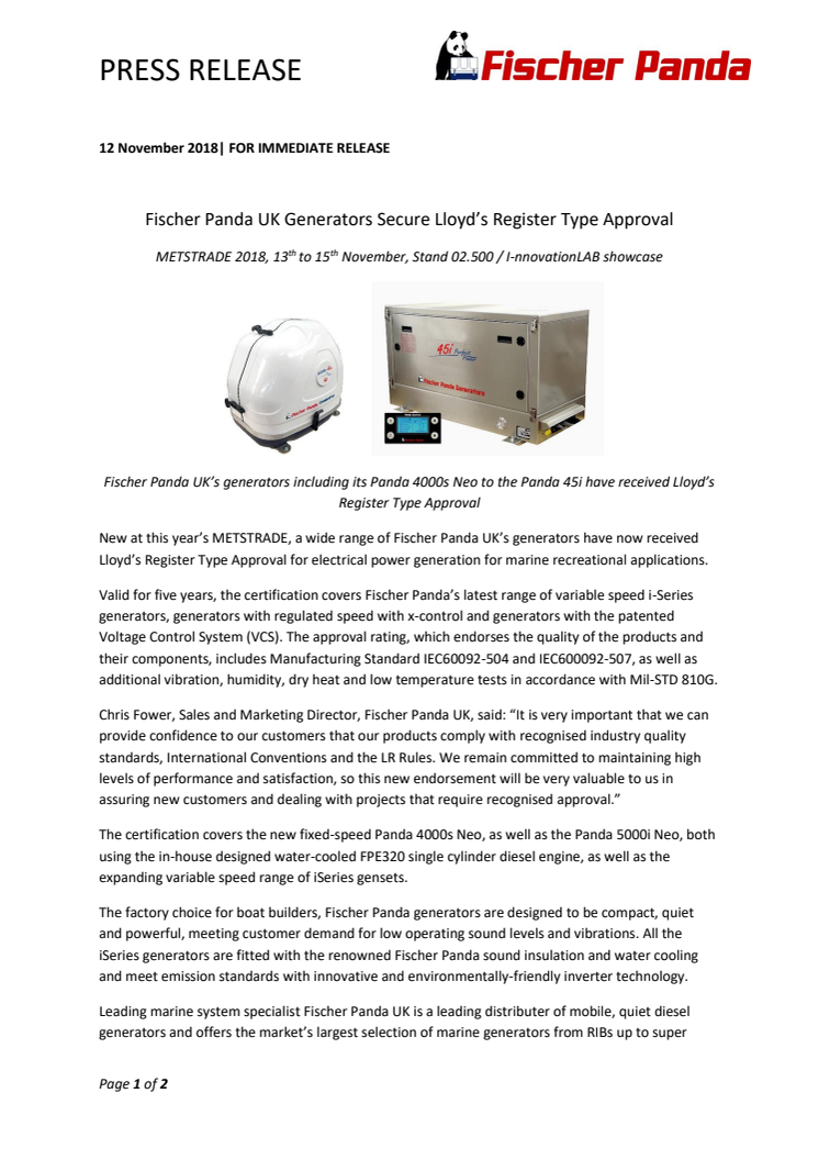Fischer Panda UK Generators Secure Lloyd’s Register Type Approval