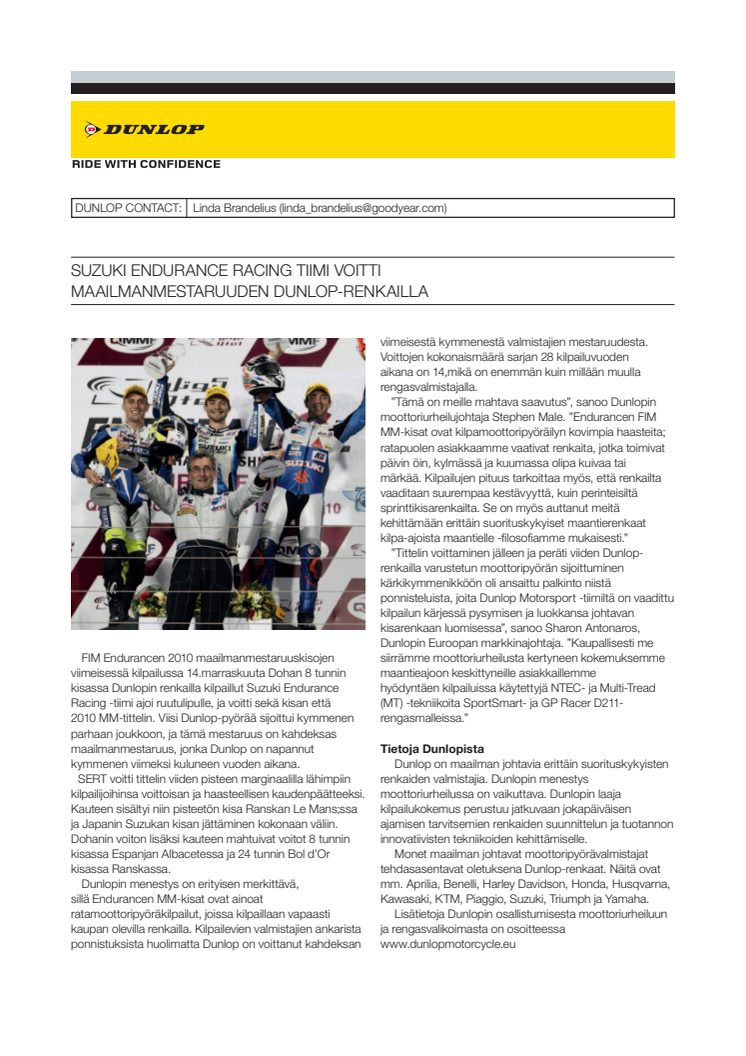 SUZUKI ENDURANCE RACING TIIMI VOITTI MAAILMANMESTARUUDEN DUNLOP-RENKAILLA