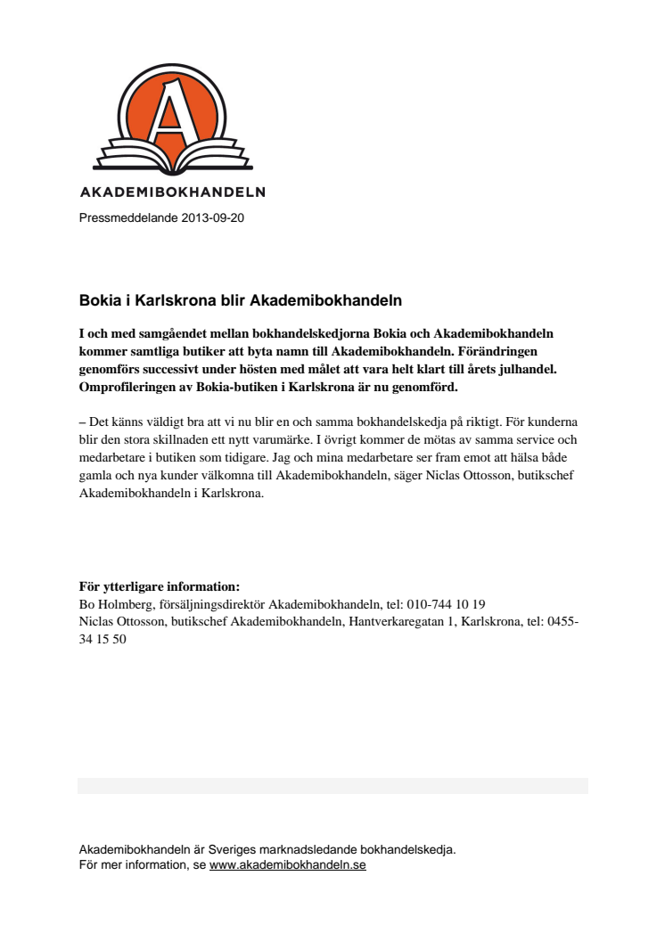 Bokia i Karlskrona blir Akademibokhandeln 
