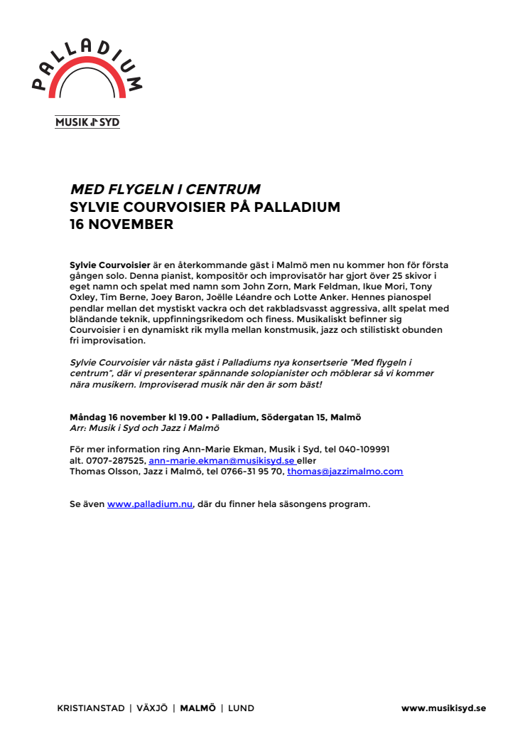 Med flygeln i centrum: Sylvie Courvoisier på Palladium 16 november