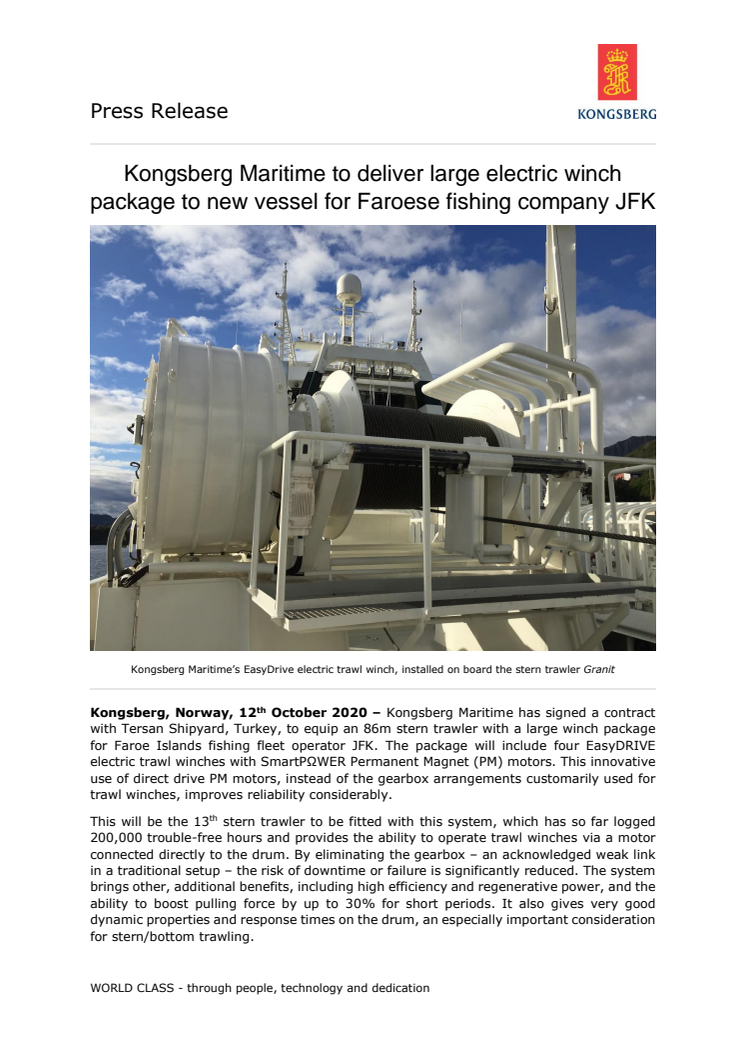 Kongsberg Maritime to deliver large electric winch package to new vessel for Faroese fishing company JFK