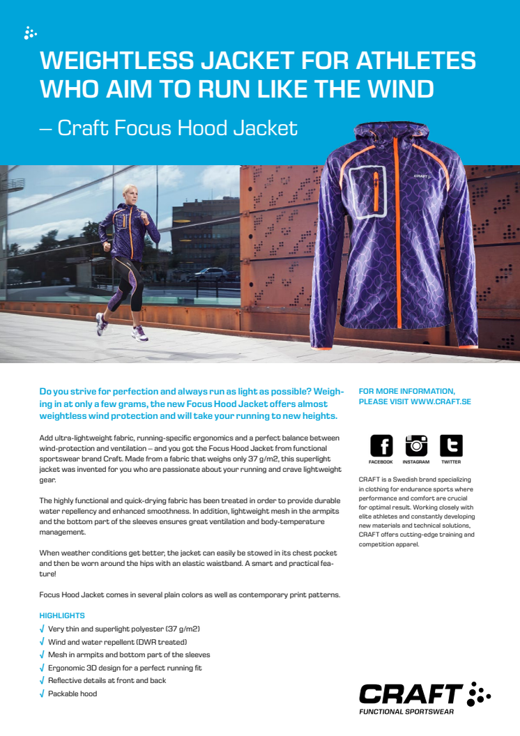 Weightless jacket for athletes who aim to run like the wind – Craft Focus Hood Jacket