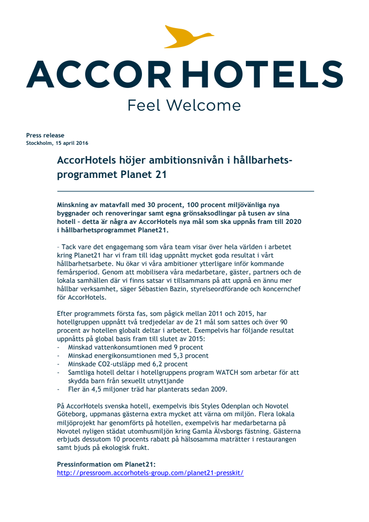 AccorHotels höjer ambitionsnivån i hållbarhetsprogrammet Planet 21