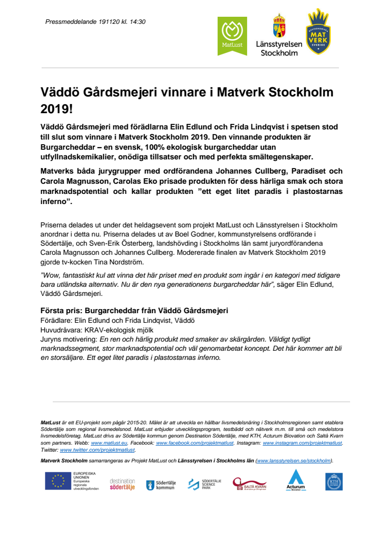 Burgarcheddar från Väddö Gårdsmejeri vinnare av Matverk Stockholm 2019
