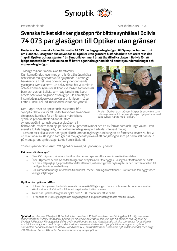 Svenska folket skänker glasögon för bättre synhälsa i Bolivia - 74 073 par glasögon till Optiker utan gränser