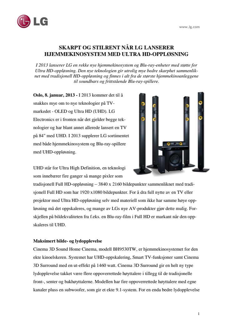 SKARPT OG STILRENT NÅR LG LANSERER  HJEMMEKINOSYSTEM MED ULTRA HD-OPPLØSNING 