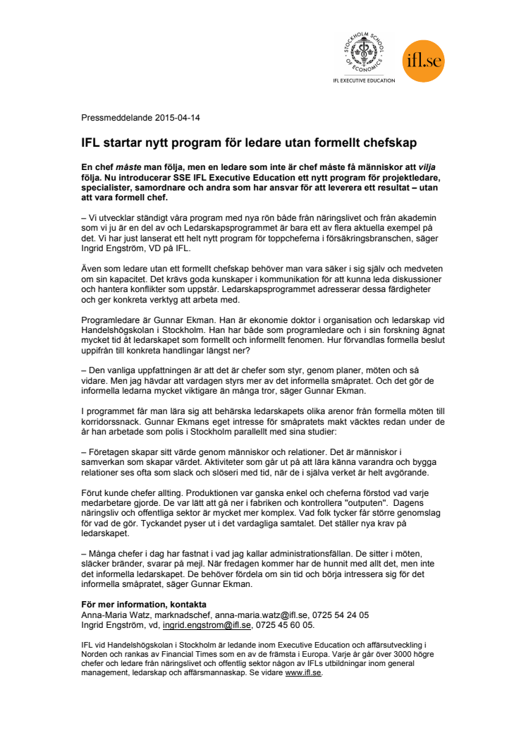 IFL startar nytt program för ledare utan formellt chefskap