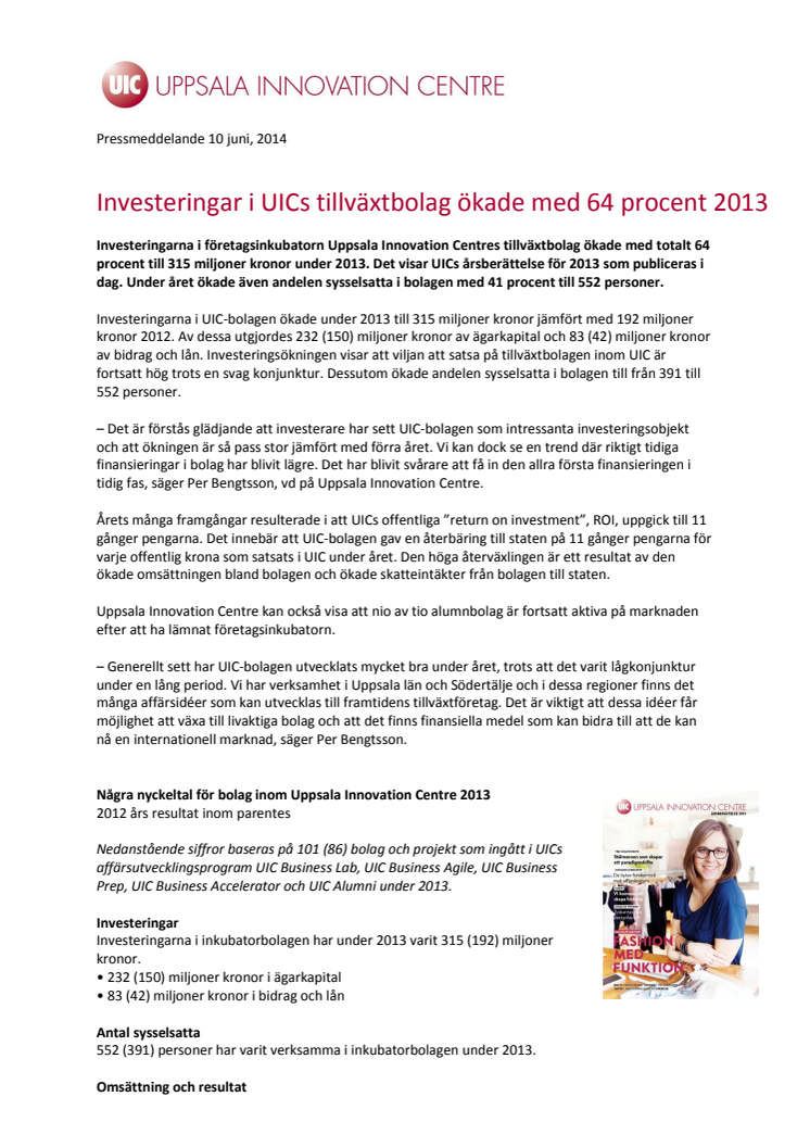 Investeringar i UICs tillväxtbolag ökade med 64 procent 2013