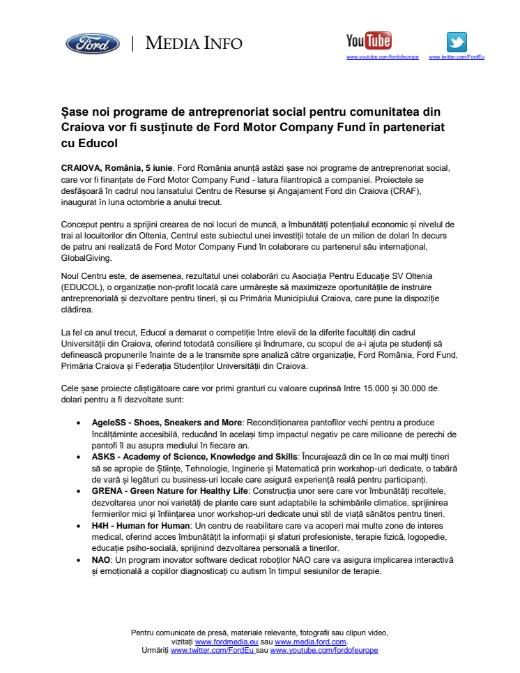Șase noi programe de antreprenoriat social pentru comunitatea din Craiova vor fi susținute de Ford Motor Company Fund în parteneriat cu Educol