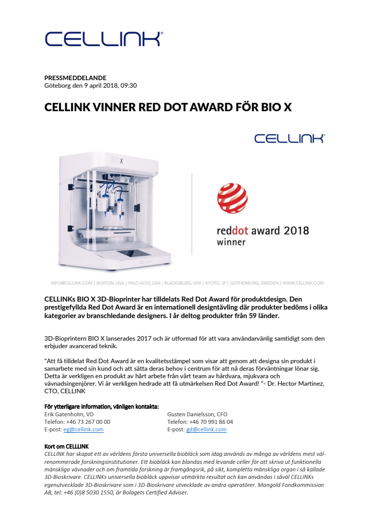 CELLINK vinner prestigefyllda "Red Dot Award" för sin 3D-bioprinter BIO X