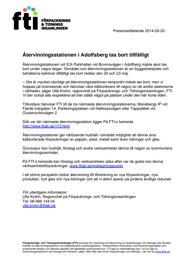 Återvinningsstationen i Adolfsberg tas bort tillfälligt